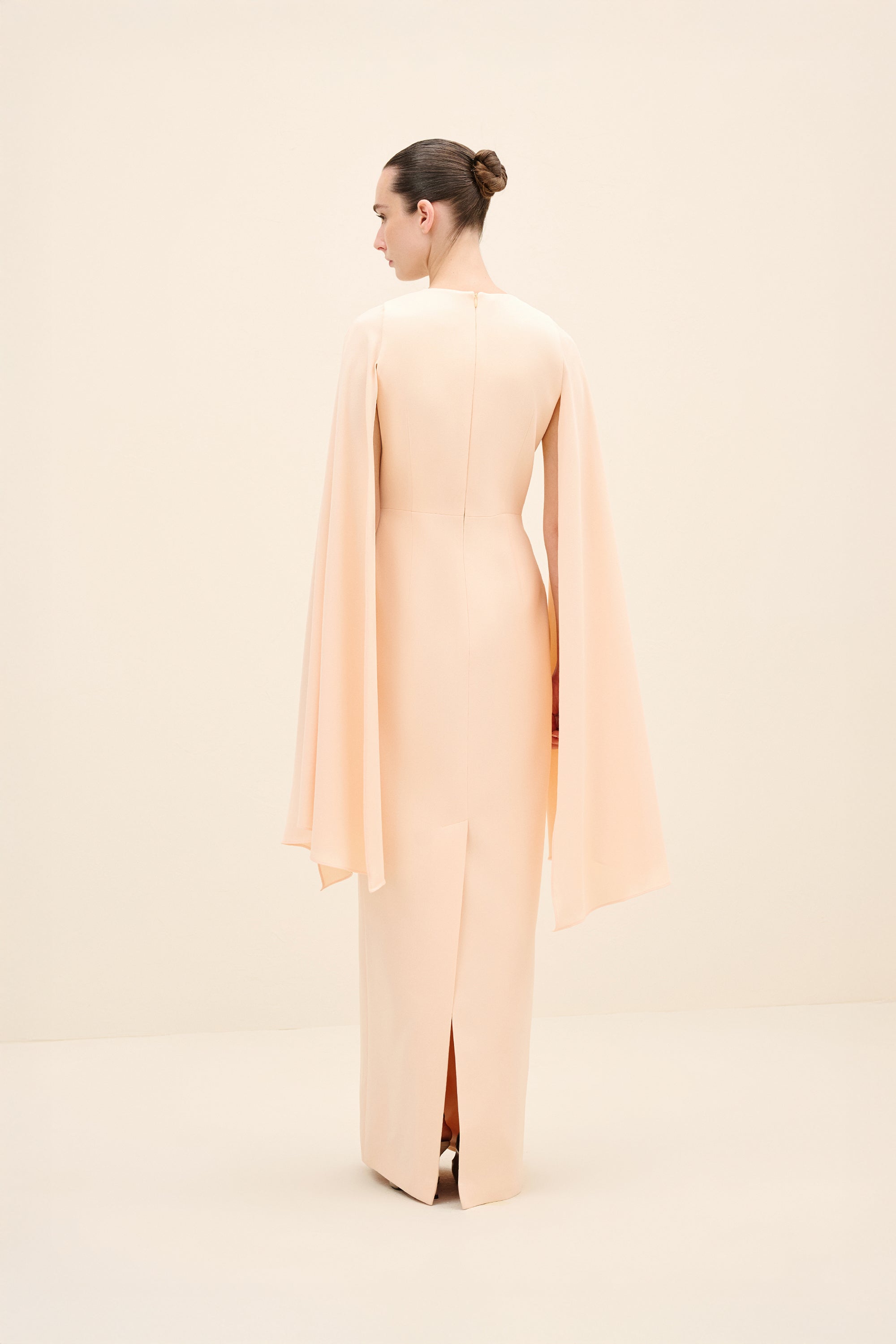 Embellished Cape-Sleeve Gown Nude