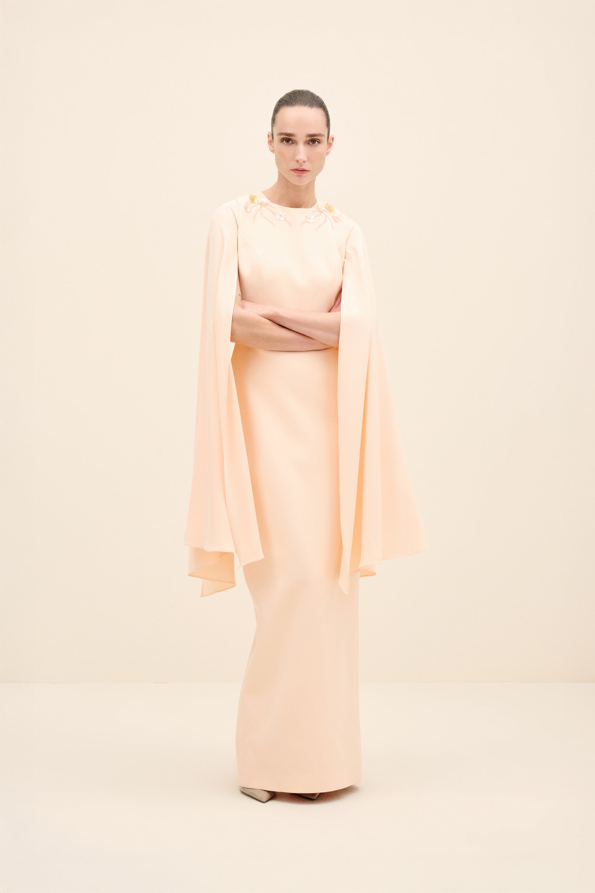 Embellished Cape-Sleeve Gown Nude