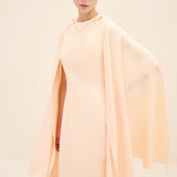 Embellished Cape-Sleeve Gown Nude