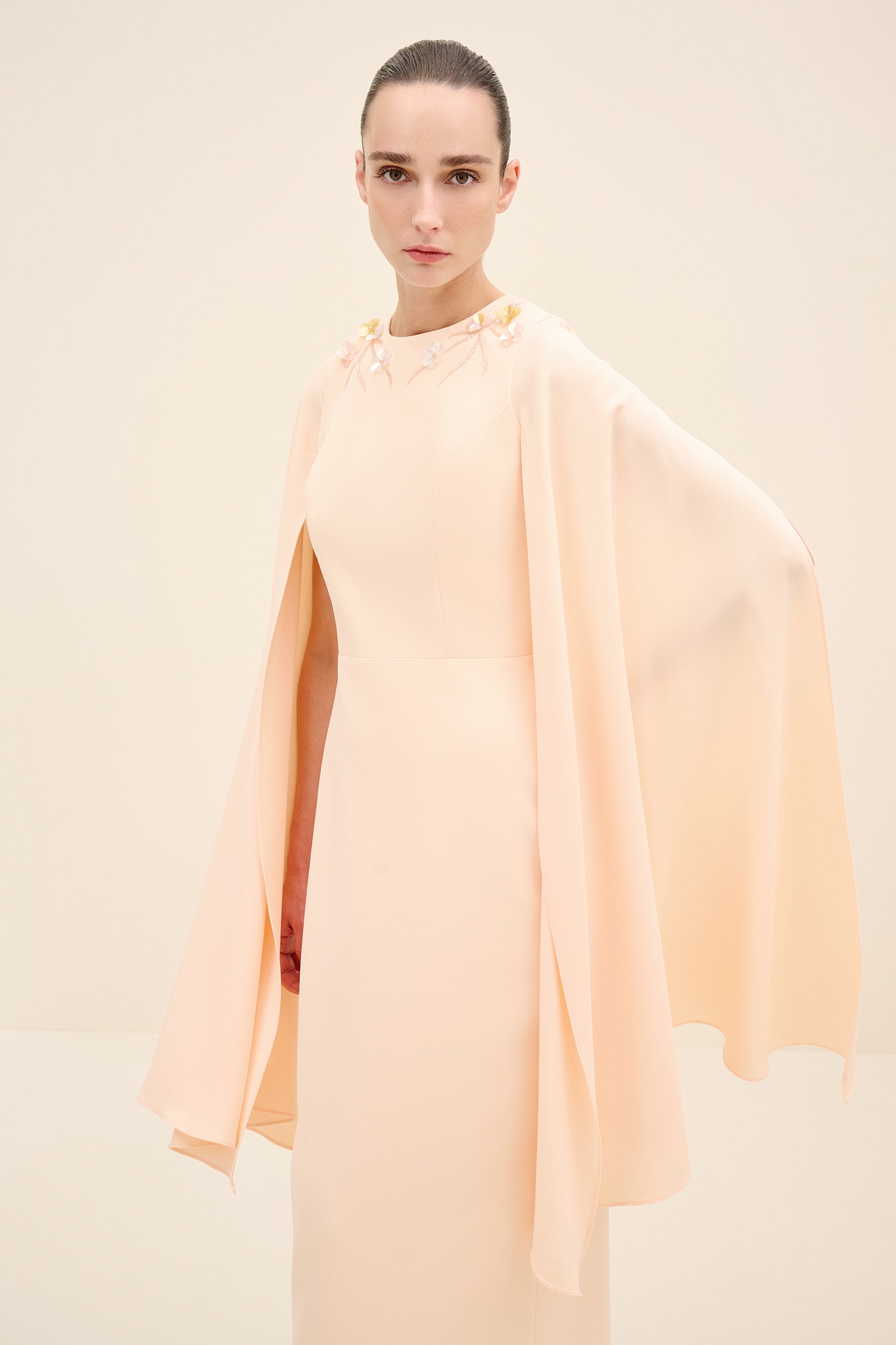 Embellished Cape-Sleeve Gown Nude