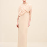 Draped Chiffon Bodice Crepe Column Gown Offwhite