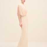 Draped Chiffon Bodice Crepe Column Gown Offwhite