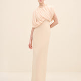 Draped Chiffon Bodice Crepe Column Gown Offwhite
