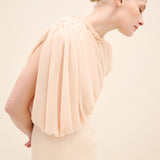 Draped Chiffon Bodice Crepe Column Gown Offwhite