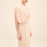 Draped Chiffon Bodice Crepe Column Gown Offwhite