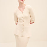 Ribbed Knit Button-Front Midi Dress Gold