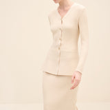 Ribbed Knit Button-Front Midi Dress Gold