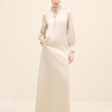 Ruffled Neck Embellished Blouse Beige