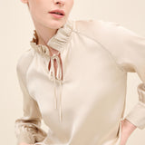 Ruffled Neck Embellished Blouse Beige