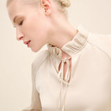 Ruffled Neck Embellished Blouse Beige