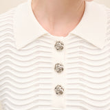 Wave-Textured Knit Polo Blouse Offwhite