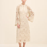 Floral Lace Midi Dress Beige