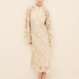 Floral Lace Midi Dress Beige