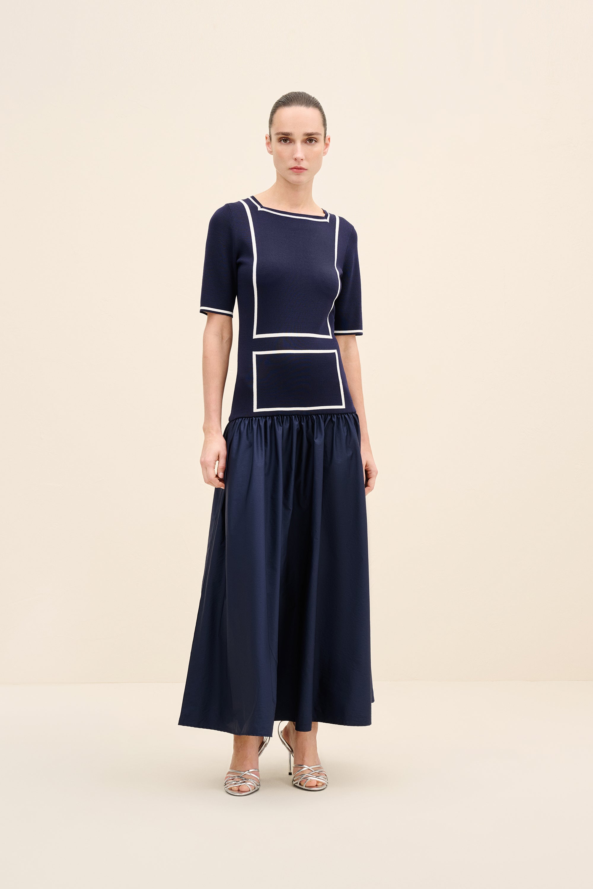 navy knit taffeta midi dress Ferguson Crew Neck Knit Midi Dress
