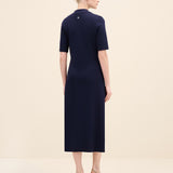 Navy Button-Detail Knit Midi Dress