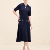 Navy Button-Detail Knit Midi Dress