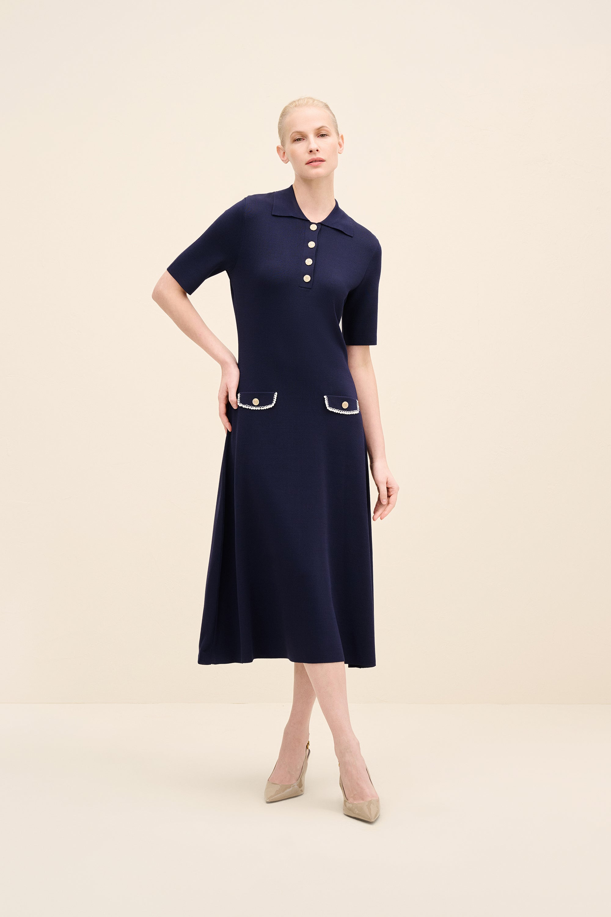 Navy Button-Detail Knit Midi Dress NEAN Navy Button-Detail Knit Midi Dress NEAN