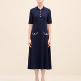 Navy Button-Detail Knit Midi Dress