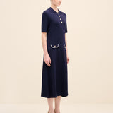 Navy Button-Detail Knit Midi Dress