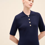 Navy Button-Detail Knit Midi Dress