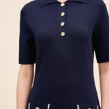 Navy Button-Detail Knit Midi Dress