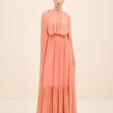 Cape-Sleeve Tiered Maxi Chiffon Dress Coral
