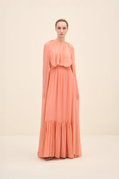 Cape-Sleeve Tiered Maxi Chiffon Dress Coral