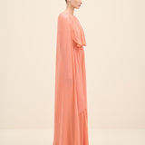 Cape-Sleeve Tiered Maxi Chiffon Dress Coral
