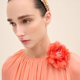 Cape-Sleeve Tiered Maxi Chiffon Dress Coral