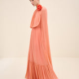 Cape-Sleeve Tiered Maxi Chiffon Dress Coral