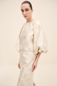 Floral Jacquard Balloon-Sleeve Blouse