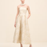 Strapless Floral Jacquard Midi Dress