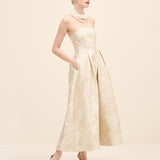 Strapless Floral Jacquard Midi Dress