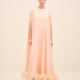 Feather-Hem Cape Maxi Dress Peach