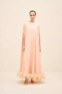 Feather-Hem Cape Maxi Dress