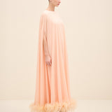 Feather-Hem Cape Maxi Dress Peach