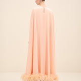Feather-Hem Cape Maxi Dress Peach