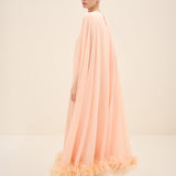 Feather-Hem Cape Maxi Dress Peach