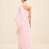 Feather Trim One Shoulder Dress Light Pink