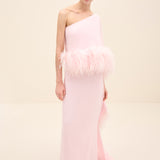 Feather Trim One Shoulder Dress Light Pink