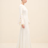 Embellished Bell-Sleeve Crepe Gown White