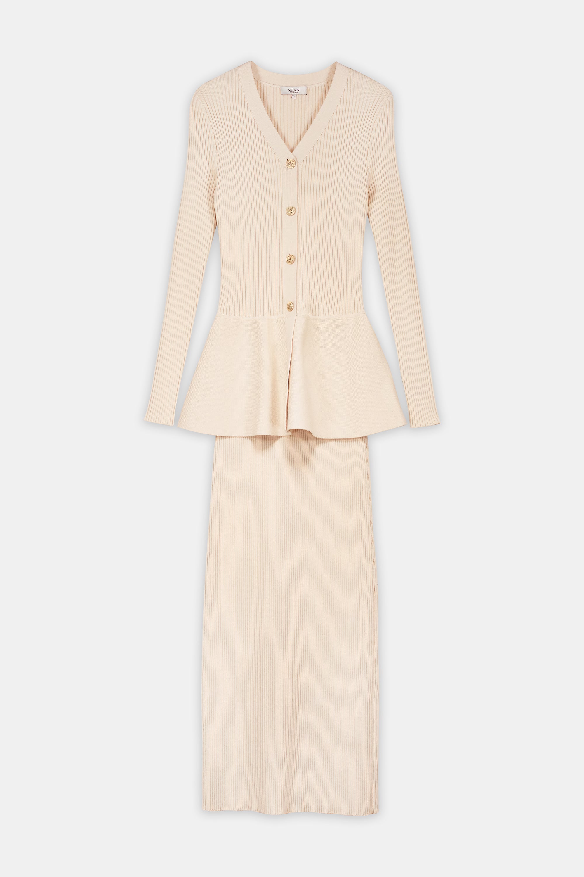 Ribbed Knit Button-Front Midi Dress Gold