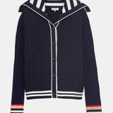 Striped Collar Cable-Knit Cotton Cardigan