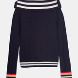 Striped Collar Cable-Knit Cotton Cardigan