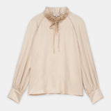 Ruffled Neck Embellished Blouse Beige