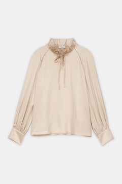 Ruffled Neck Embellished Blouse Beige