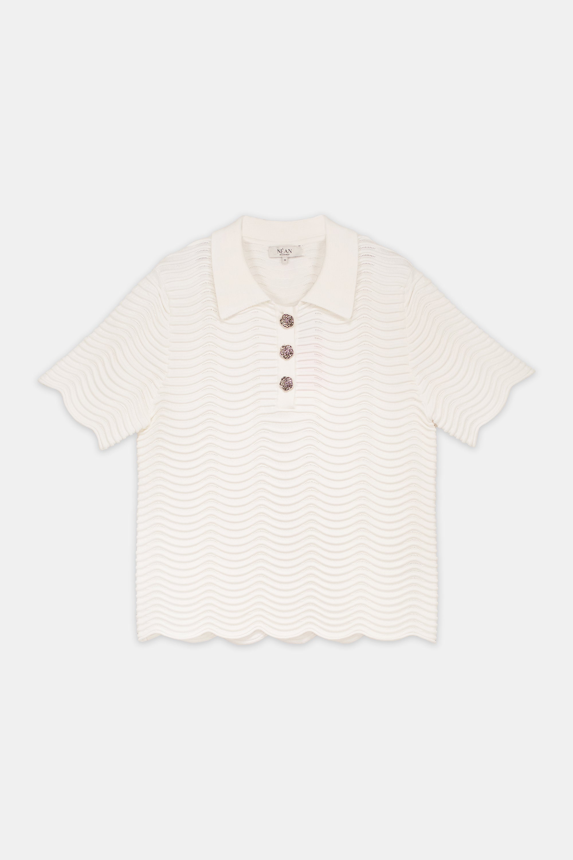 Wave-Textured Knit Polo Blouse Offwhite