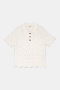 Wave-Textured Knit Polo Blouse Offwhite