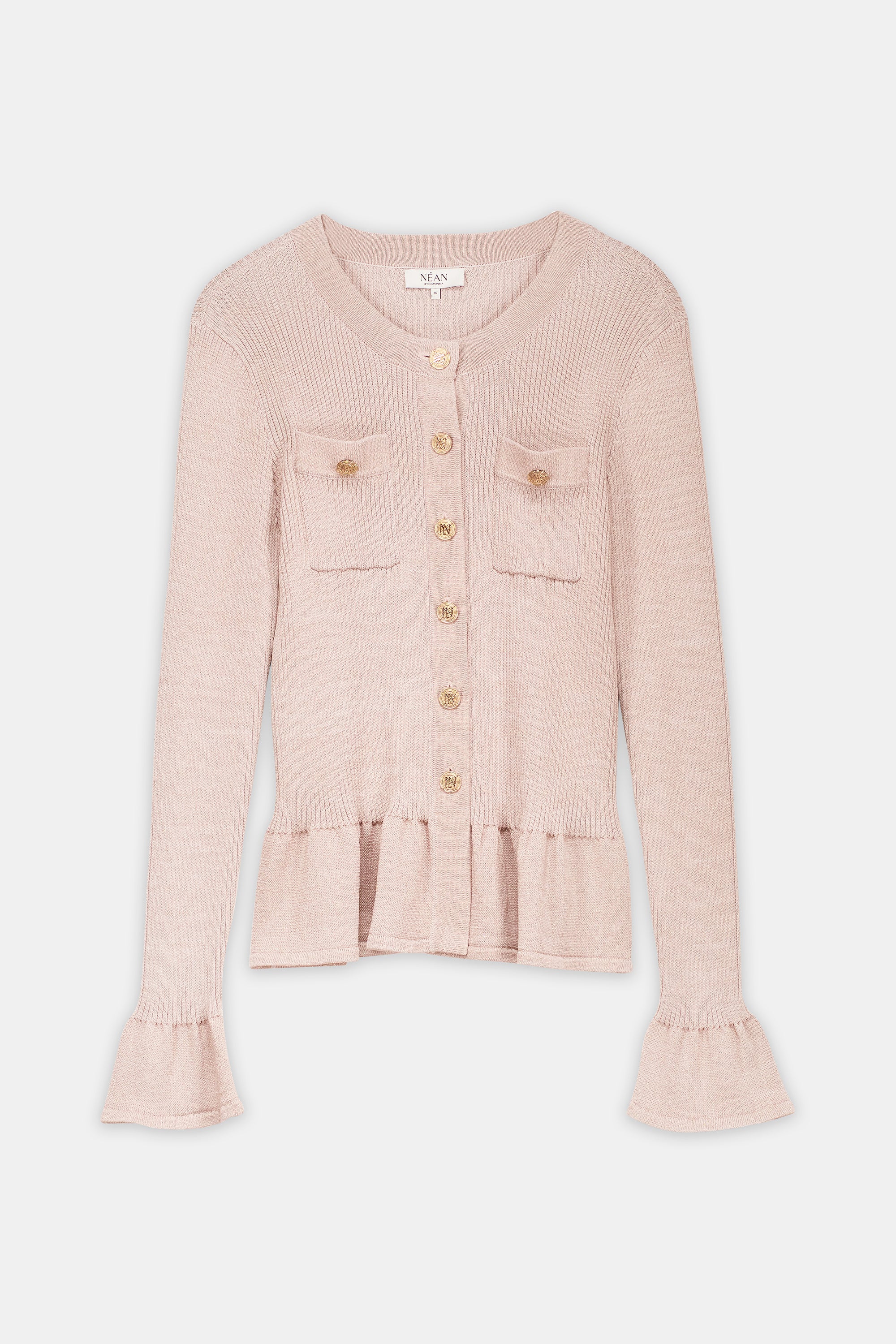 Button-Front Peplum Knit Cardigan Gold