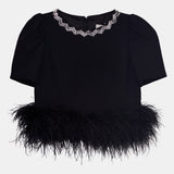 Crystal-Neck Feather-Hem Top